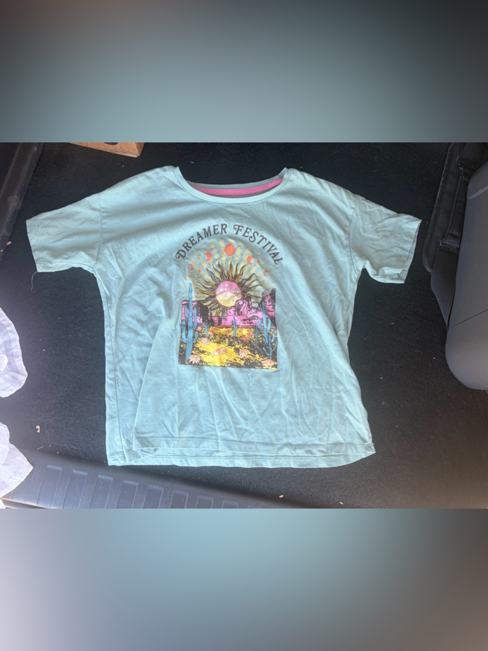 wonder nation Light Blue 'Dreamer Festival' Graphic Tee with Pink Trim: size XL